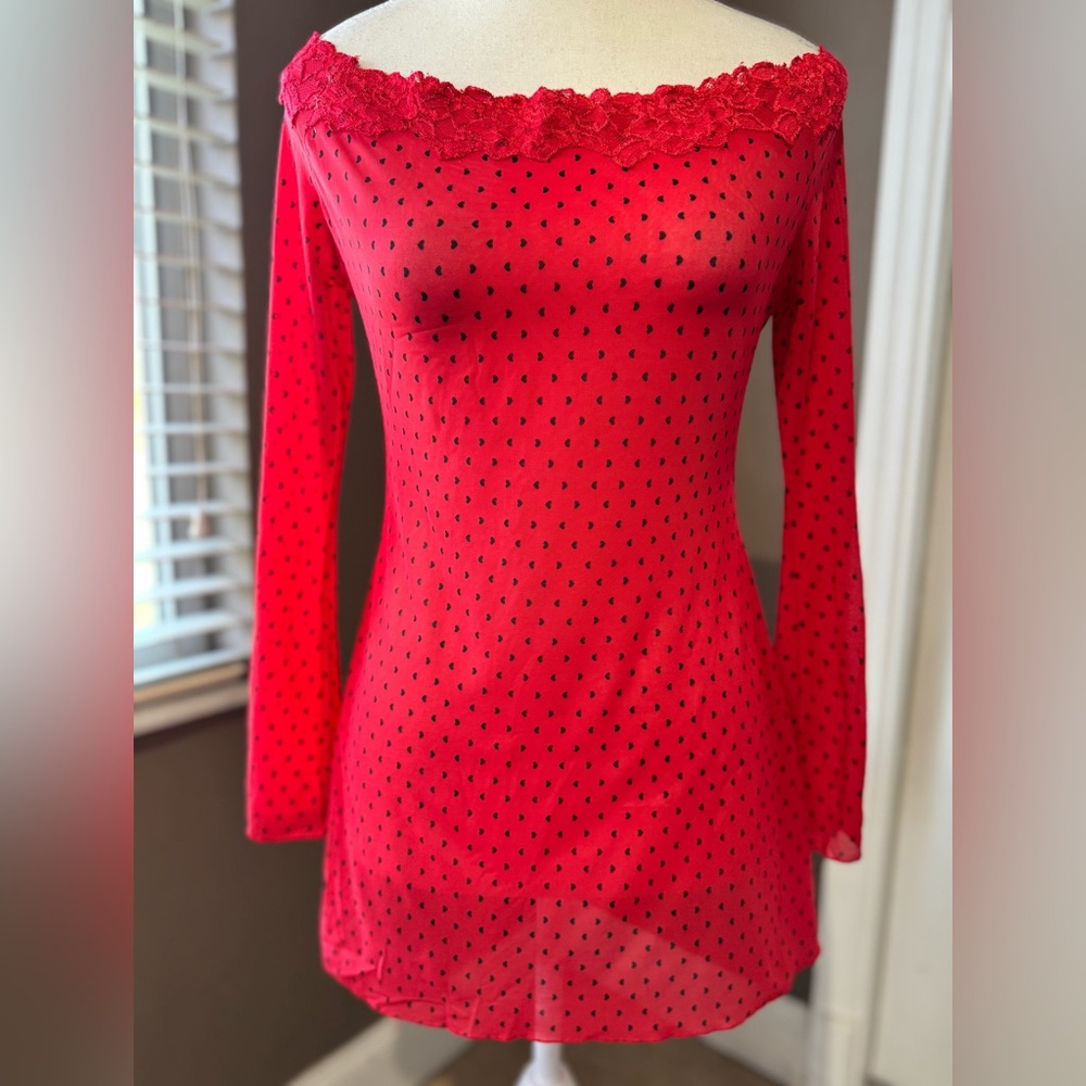 Red Mesh Dress with Black Hearts and Flared Sleeves